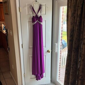 Purple Ruched Halter Backless Gown